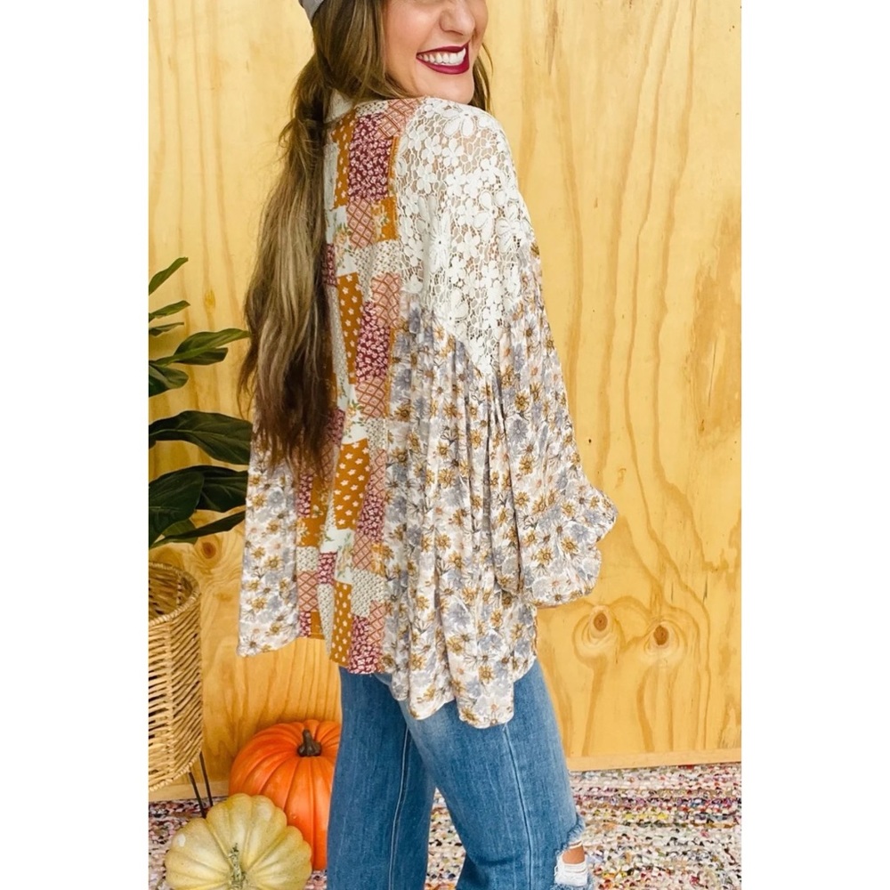 POL Floral + Lace Patchwork Button Down Shirt in Caramel Cream - Picture 14 of 15
